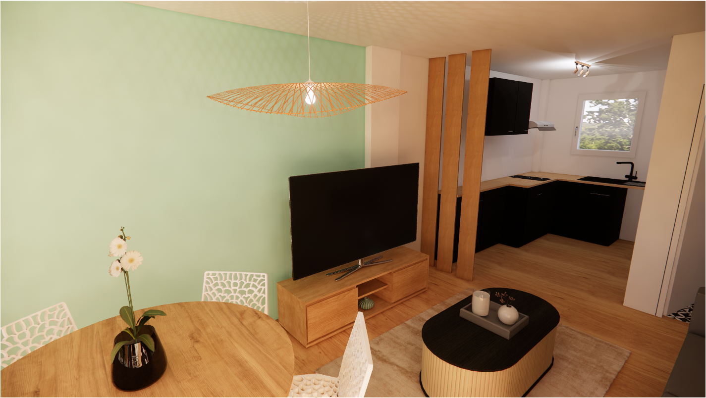 vue élargie sur le séjour et la cuisine de la maison du sud médoc